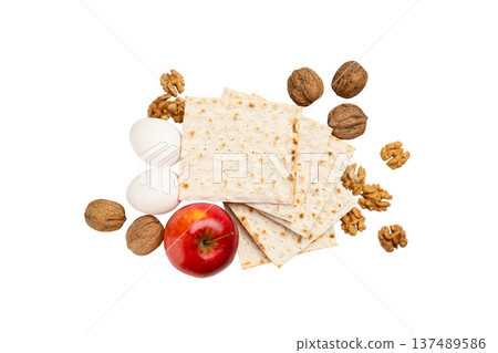 Passover includes matzah, eggs, an apple, and walnuts, isolated, PNG Passover includes matzah, eggs, an apple, and walnuts, isolated, PNG 137489586