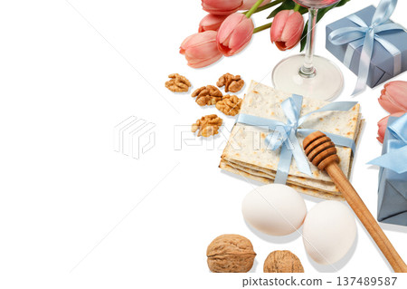 Passover includes matzah, wine, eggs, and flowers, isolated, PNG Passover includes matzah, wine, eggs, and flowers, isolated, PNG 137489587
