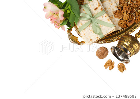 Passover table setting with matzah, nuts, and flowers, isolated, PNG 137489592