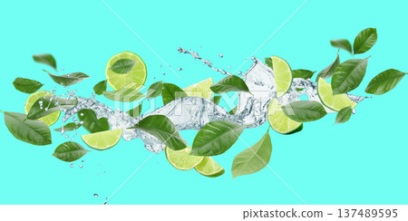 Water splashes around fresh lime slices and green leaves Water splashes around fresh lime slices and green leaves 137489595