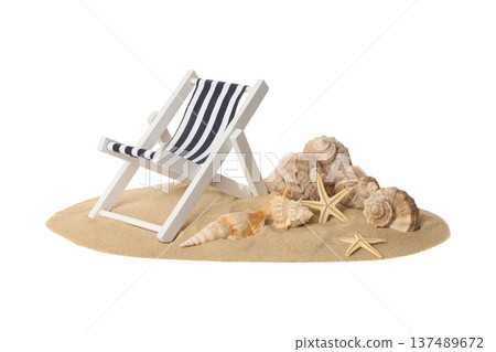 Beach chair sits near seashells and starfish on sand, PNG Beach chair sits near seashells and starfish on sand, PNG 137489672