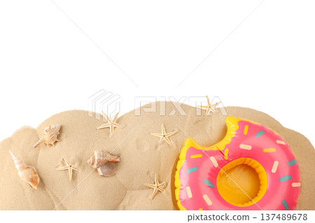 Pink donut float next to seashells in sandy area, PNG Pink donut float next to seashells in sandy area, PNG 137489678