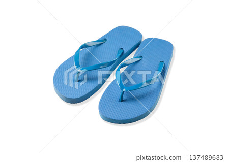 Blue flip flops on a flat surface ready for summer use, PNG Blue flip flops on a flat surface ready for summer use, PNG 137489683