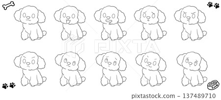 一組描繪坐姿玩具貴賓犬不同表情的線條畫 137489710