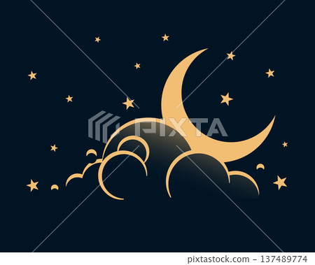 beautiful half crescent moon and stars background with clouds 137489774