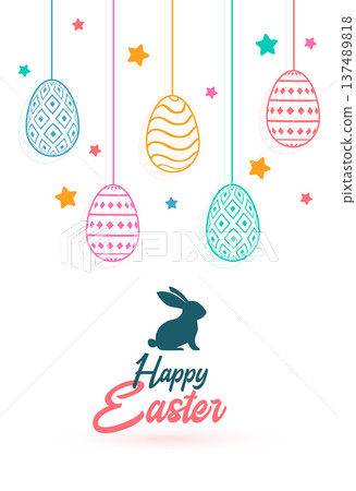 colorful hanging easter eggs poster with cute bunny silhouette colorful hanging easter eggs poster with cute bunny silhouette 137489818