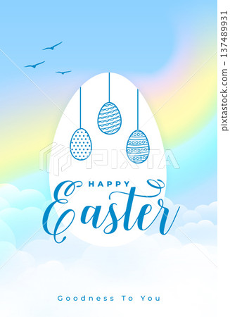 happy easter greeting cloudy sky background with hanging eggs happy easter greeting cloudy sky background with hanging eggs 137489931