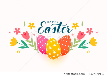happy easter invitation background with patterned eggs and tulip flower happy easter invitation background with patterned eggs and tulip flower 137489932