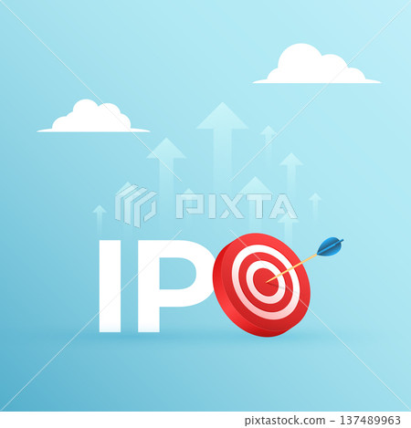 ipo initial public offering target success concept with rising arrow and clouds 137489963