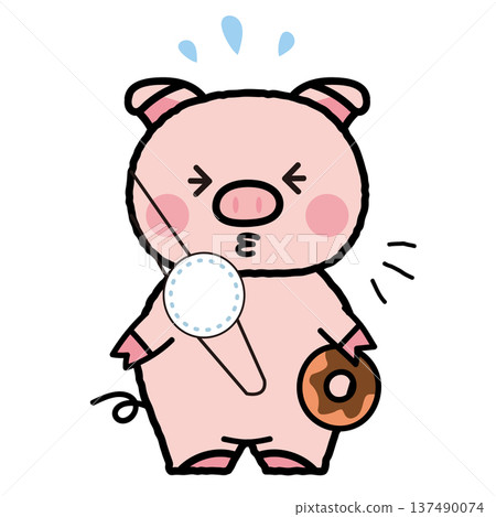 一幅簡單可愛的插圖,畫的是一隻豬拿著甜甜圈打噴嚏。 一幅簡單可愛的插圖,畫的是一隻豬拿著甜甜圈打噴嚏。 137490074