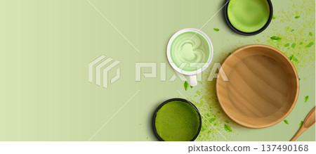 Green matcha tea, vector bg with powder splash Green matcha tea, vector bg with powder splash 137490168