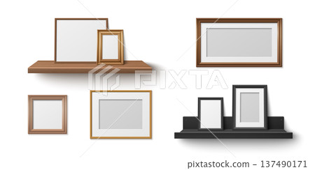 Realistic wooden shelf with empty frames mockup 137490171
