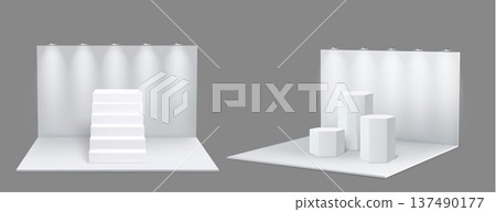 Set of white 3D showrooms with stairs and podiums Set of white 3D showrooms with stairs and podiums 137490177