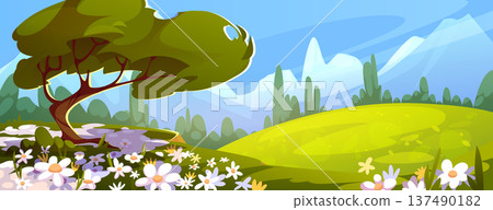 Spring green grass meadow landscape with flowers Spring green grass meadow landscape with flowers 137490182