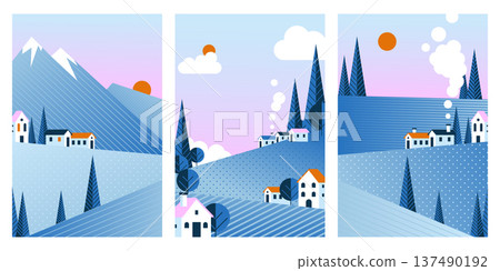 Winter geometric landscape cards, abstract vector Winter geometric landscape cards, abstract vector 137490192