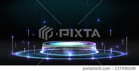 Futuristic stage platform with blue neon light Futuristic stage platform with blue neon light 137490206