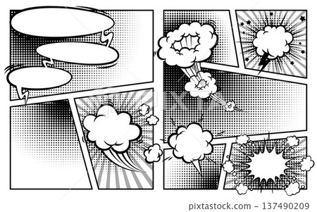 Comic book page, pop art frames and speech bubbles Comic book page, pop art frames and speech bubbles 137490209