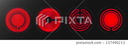 Electric, inductive stove top, glowing red burners Electric, inductive stove top, glowing red burners 137490213