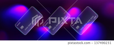 Glass bank credit card on glowing neon gradient bg Glass bank credit card on glowing neon gradient bg 137490231