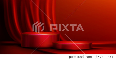 Red podium with scarlet velvet curtain frame Red podium with scarlet velvet curtain frame 137490234