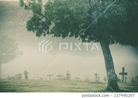 Haze in morning over Sad Hill Cemetery in Burgos, Spain Haze in morning over Sad Hill Cemetery in Burgos, Spain 137490267