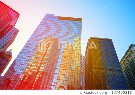 Mirrored office buildings. Complex modern premium skyscrapers towers. 137490318