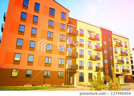 New Modern Apartment Buildings. Colorful Facade. Brightly colored residential buildings. 137490404