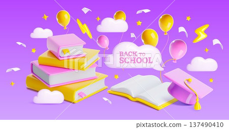 3D back to school banner, books and graduation cap 137490410
