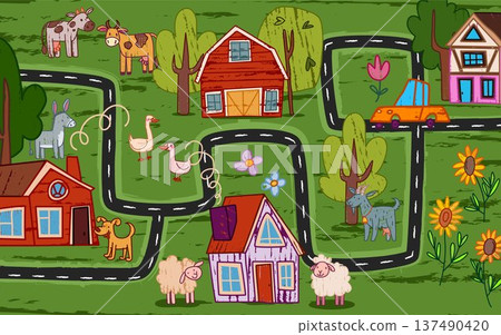 Funny village map for children game design 137490420
