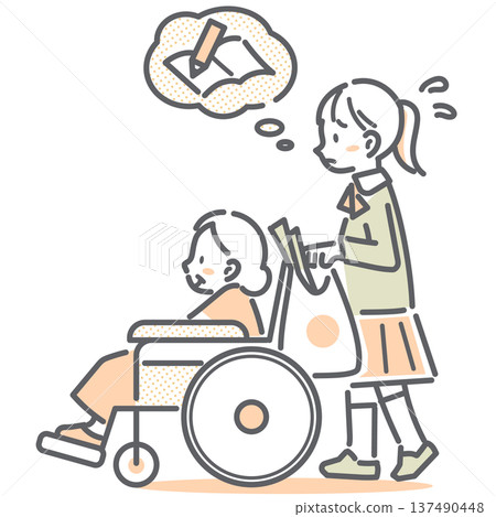 Young Carer: A girl who wants time to study. Simple and stylish line drawing illustration Young Carer: A girl who wants time to study. Simple and stylish line drawing illustration 137490448