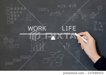 Man drawing a work-life balance seesaw on a blackboard 137490453