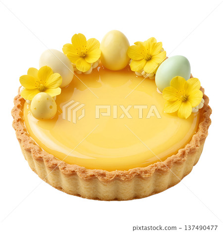 Beautiful easter dessert, lemon tart decorated with mini speckled eggs and delicate spring flowers, perfect for holiday baking 137490477