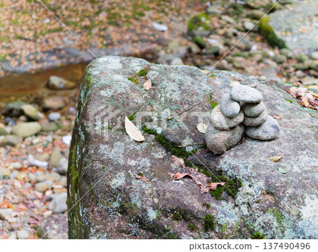 Balanced stone art piled on mossy rocks along a mountain stream Balanced stone art piled on mossy rocks along a mountain stream 137490496