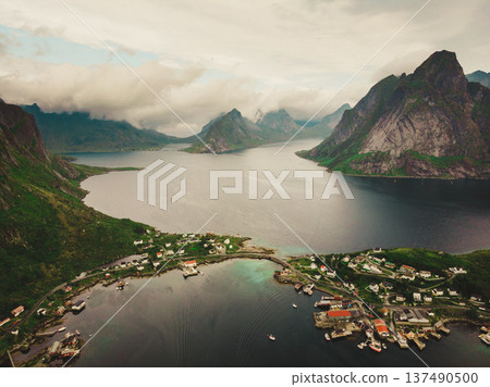 Fjord and mountains landscape. Lofoten islands Norway Fjord and mountains landscape. Lofoten islands Norway 137490500