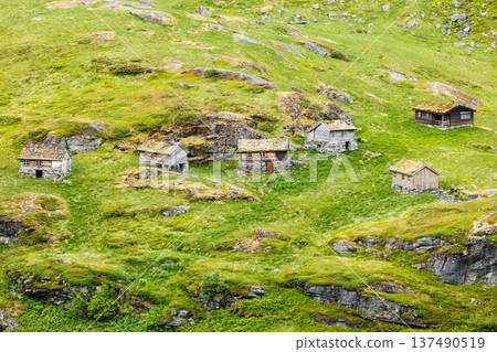 Norwegian old country houses in mountains. Norwegian old country houses in mountains. 137490519