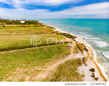 Caravan camping on coast. Aerial view Caravan camping on coast. Aerial view 137490582