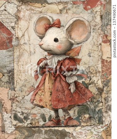 Vintage Mouse Character Illustration Wearing Dress On Antique Collage Paper 137490671