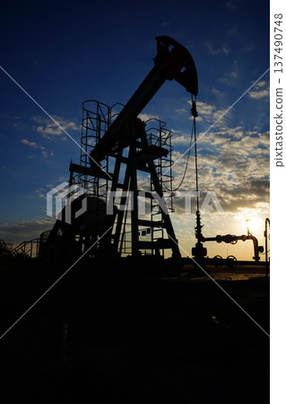 Pumpjack in oil well of oil field on sunrise in Industrial crude area. Crude pump jack on oil field 137490748