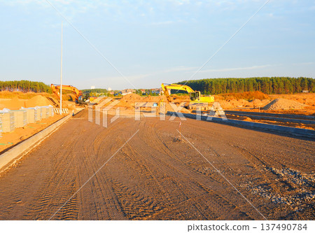 Road asphalt laying. Roadworks, construction site. Highway Road renovation. Paved highway. Road asphalt laying. Roadworks, construction site. Highway Road renovation. Paved highway. 137490784