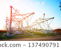 Electric tower construction. Power Tower Transmission Lines. High voltage electricity, 137490791
