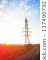 Power Tower With Wires on Colorful Sky at Dusk in Open Field. Sunset View of Tall Power tower  137490792