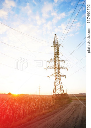 Power Tower With Wires on Colorful Sky at Dusk in Open Field. Sunset View of Tall Power tower  137490792