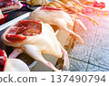 Chicken meat displayed for sale on street market, Vietnam.  137490794