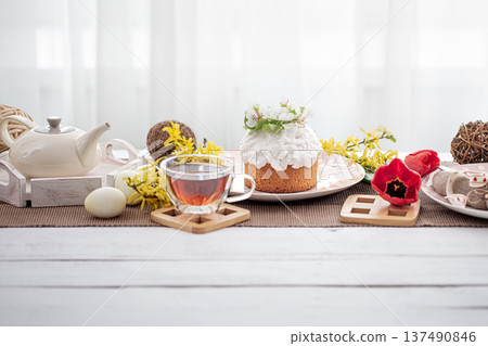 Festive table setting and decor for Easter copy space. 137490846