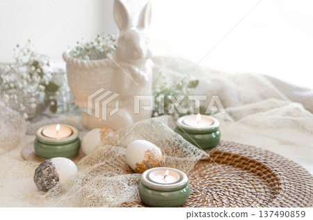 Easter composition with a ceramic hare and gypsophila flowers. Easter composition with a ceramic hare and gypsophila flowers. 137490859