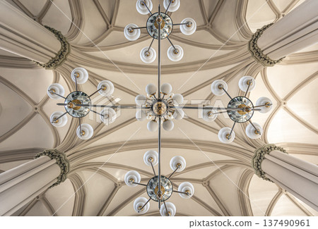 Details of the interior of the Catholic church in light colors. 137490961