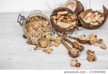 different nuts in plates 137490986