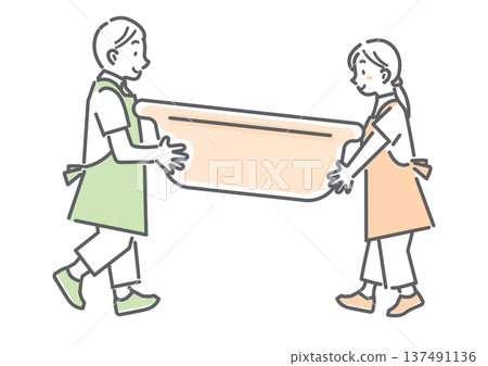 A simple and stylish line drawing of a visiting bathing care staff member carrying a bathtub 137491136