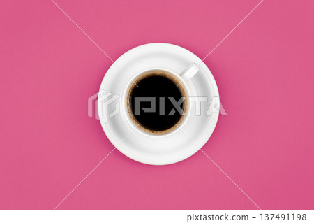 Cup of coffee and saucer on a pink background, flat lay. Cup of coffee and saucer on a pink background, flat lay. 137491198