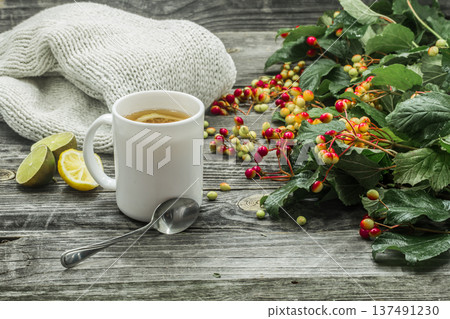 the Cup of tea on a beautiful wooden background with winter sweater, berries, autumn the Cup of tea on a beautiful wooden background with winter sweater, berries, autumn 137491230